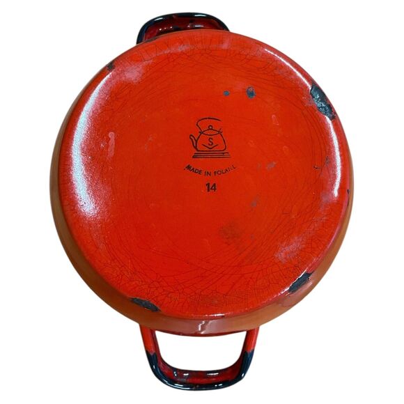 Vintage Huta Silesia Red Enameled Stockpot Black Rimmed Double Handled Cook Pot - Picture 7 of 8